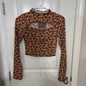 Floral Long Sleeve Blouse - Orange and Black